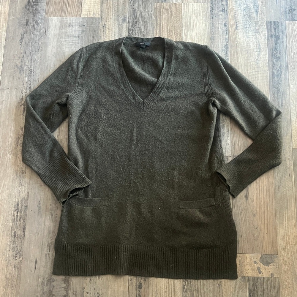 J. Crew V Neck Long‎ Sleeve Sweater Olive Green Pockets Tunic Size S